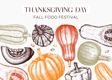 Sketched pumpkin banner in color. Thanksgiving day background. Autumn food drawings. Vector vegetables, butternut squash, marrow, pumpkin slice sketches. Fall Harvest festival frame design